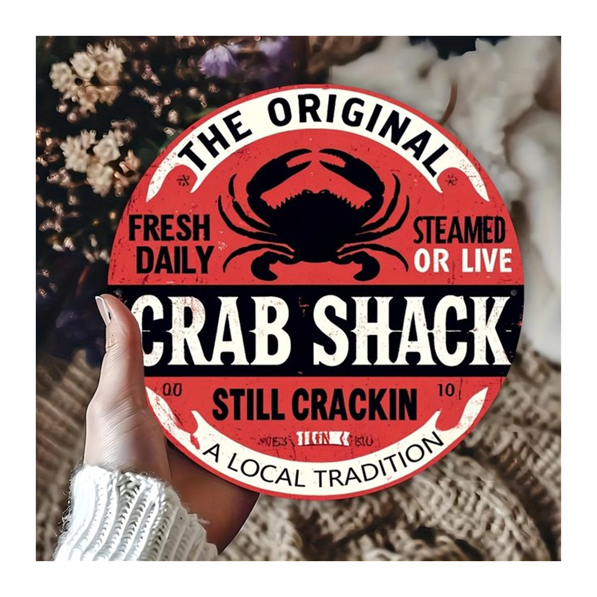 Original Crab Shack Metallschild rund im Vintage-Design mit maritimem Motiv in Rot - Bild 1