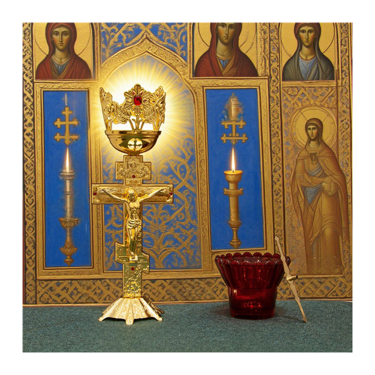 Orthodoxe Öllampe mit Kelch und Kruzifix aus Zinklegierung und rotem Glas in Gold, Höhe: 25.5 cm, Breite: 9 cm, Tiefe: 8.5 cm - Bild 1