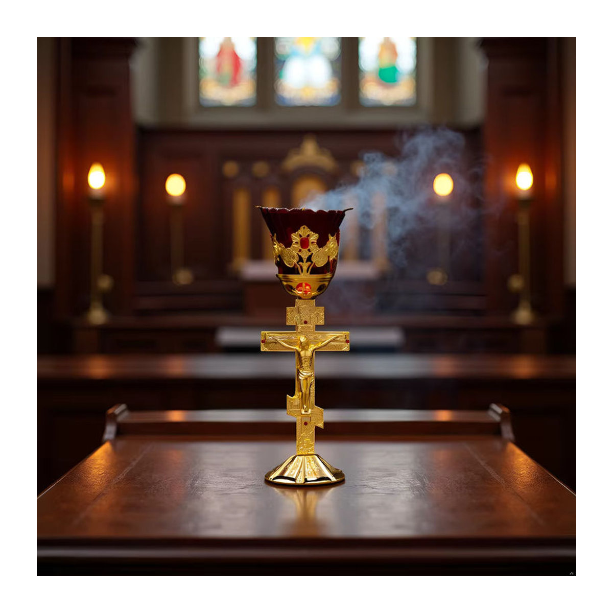 Orthodoxe Öllampe mit Kelch und Kruzifix aus Zinklegierung und rotem Glas in Gold, Höhe: 25.5 cm, Breite: 9 cm, Tiefe: 8.5 cm - Bild 2