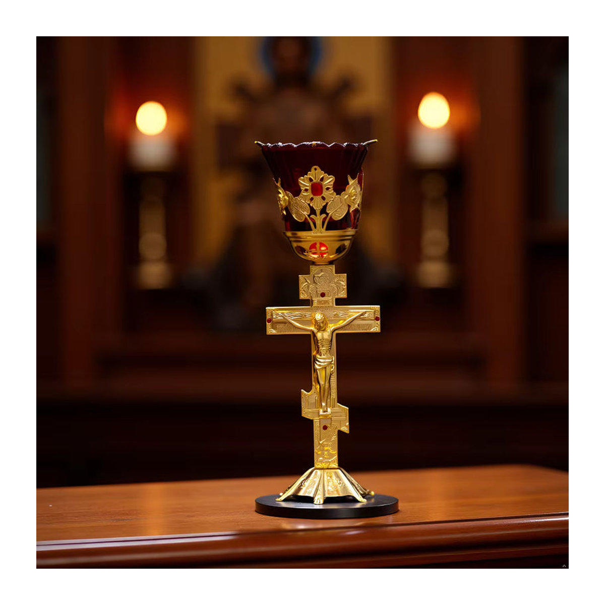 Orthodoxe Öllampe mit Kelch und Kruzifix aus Zinklegierung und rotem Glas in Gold, Höhe: 25.5 cm, Breite: 9 cm, Tiefe: 8.5 cm - Bild 3