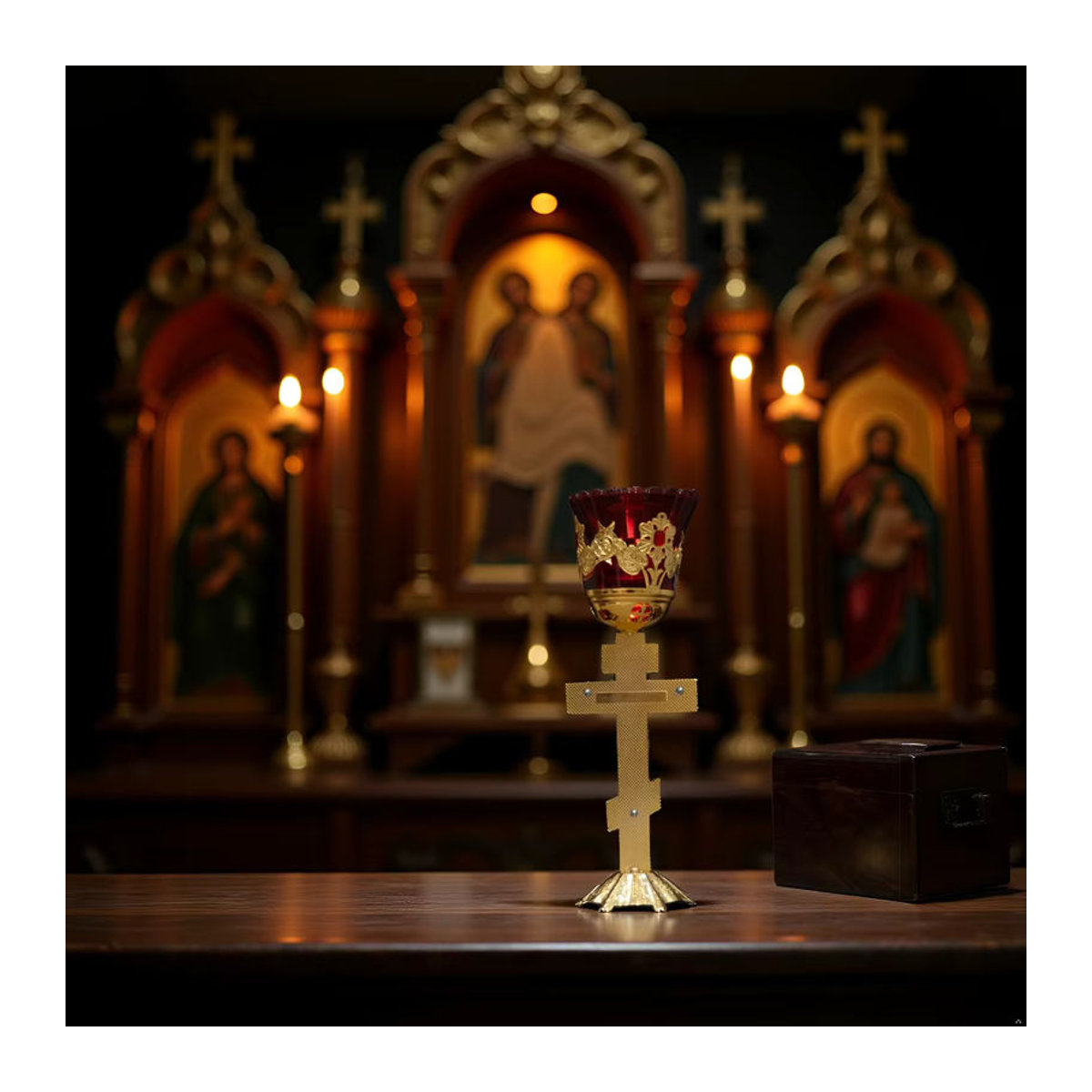 Orthodoxe Öllampe mit Kelch und Kruzifix aus Zinklegierung und rotem Glas in Gold, Höhe: 25.5 cm, Breite: 9 cm, Tiefe: 8.5 cm - Bild 4