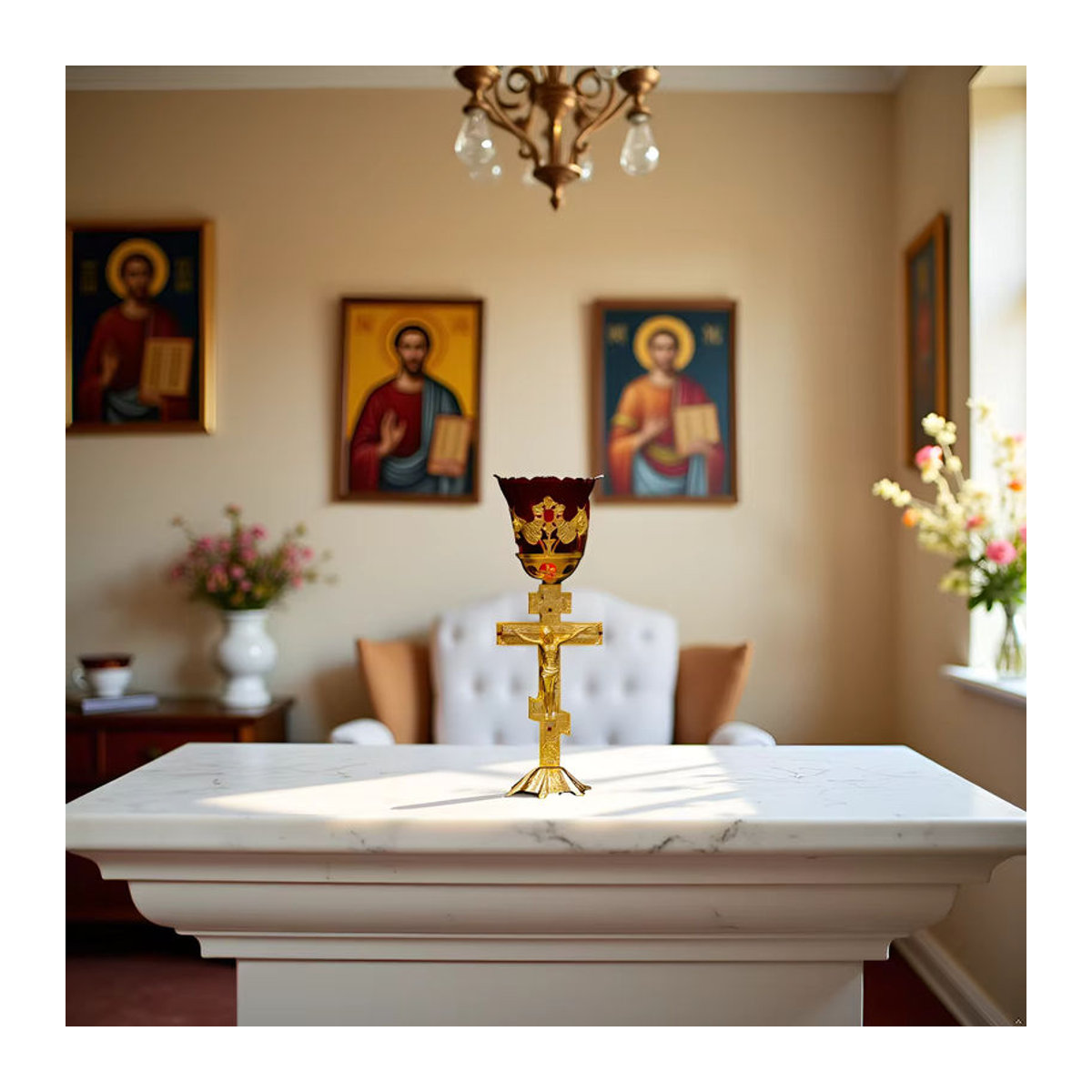 Orthodoxe Öllampe mit Kelch und Kruzifix aus Zinklegierung und rotem Glas in Gold, Höhe: 25.5 cm, Breite: 9 cm, Tiefe: 8.5 cm - Bild 5