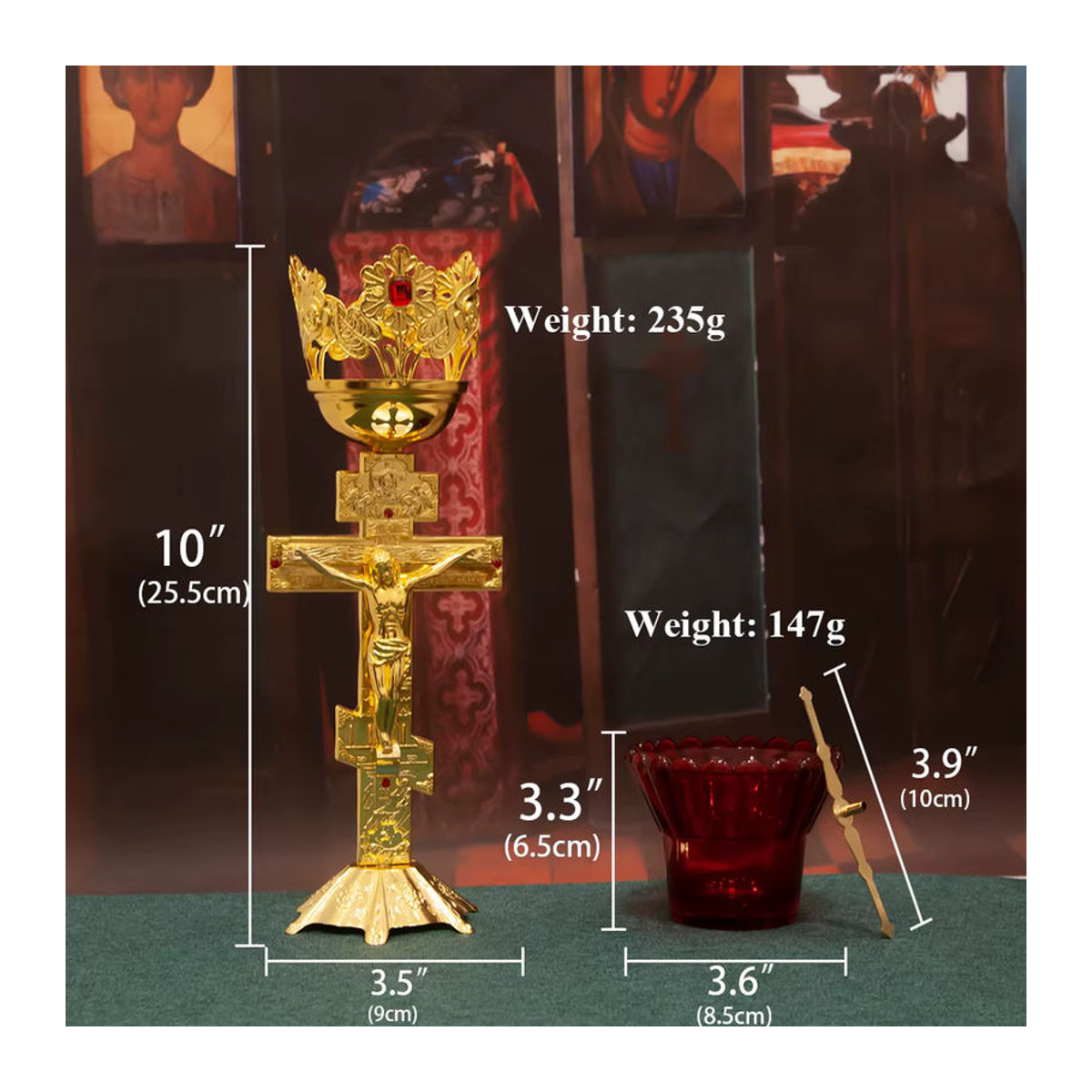 Orthodoxe Öllampe mit Kelch und Kruzifix aus Zinklegierung und rotem Glas in Gold, Höhe: 25.5 cm, Breite: 9 cm, Tiefe: 8.5 cm - Bild 6