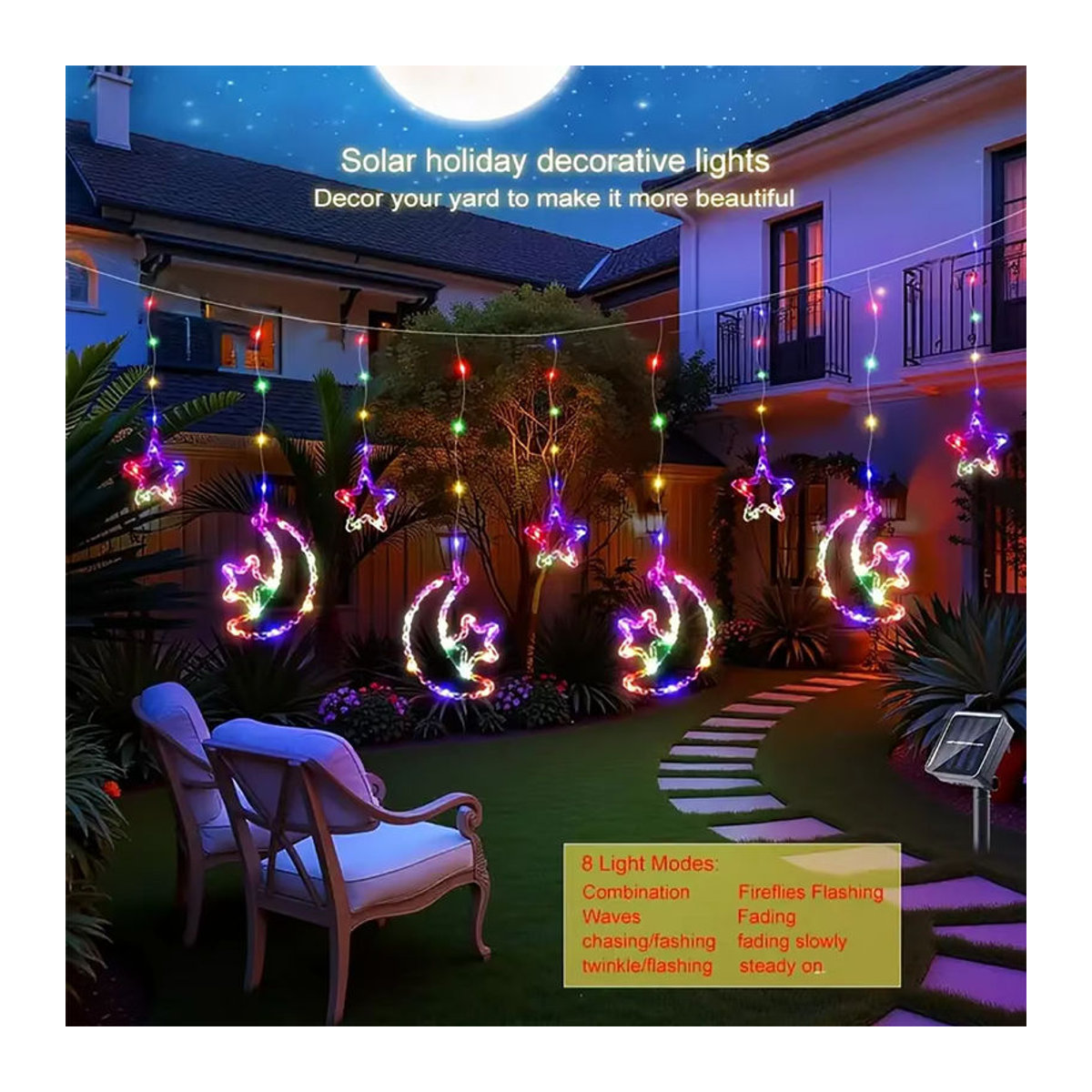 OSIDEN Solar Lichtkette mit 120 LED Stern und Mond aus Acryl in Bunt mit 8 Beleuchtungsmodi für Garten und Dekoration - Bild 2