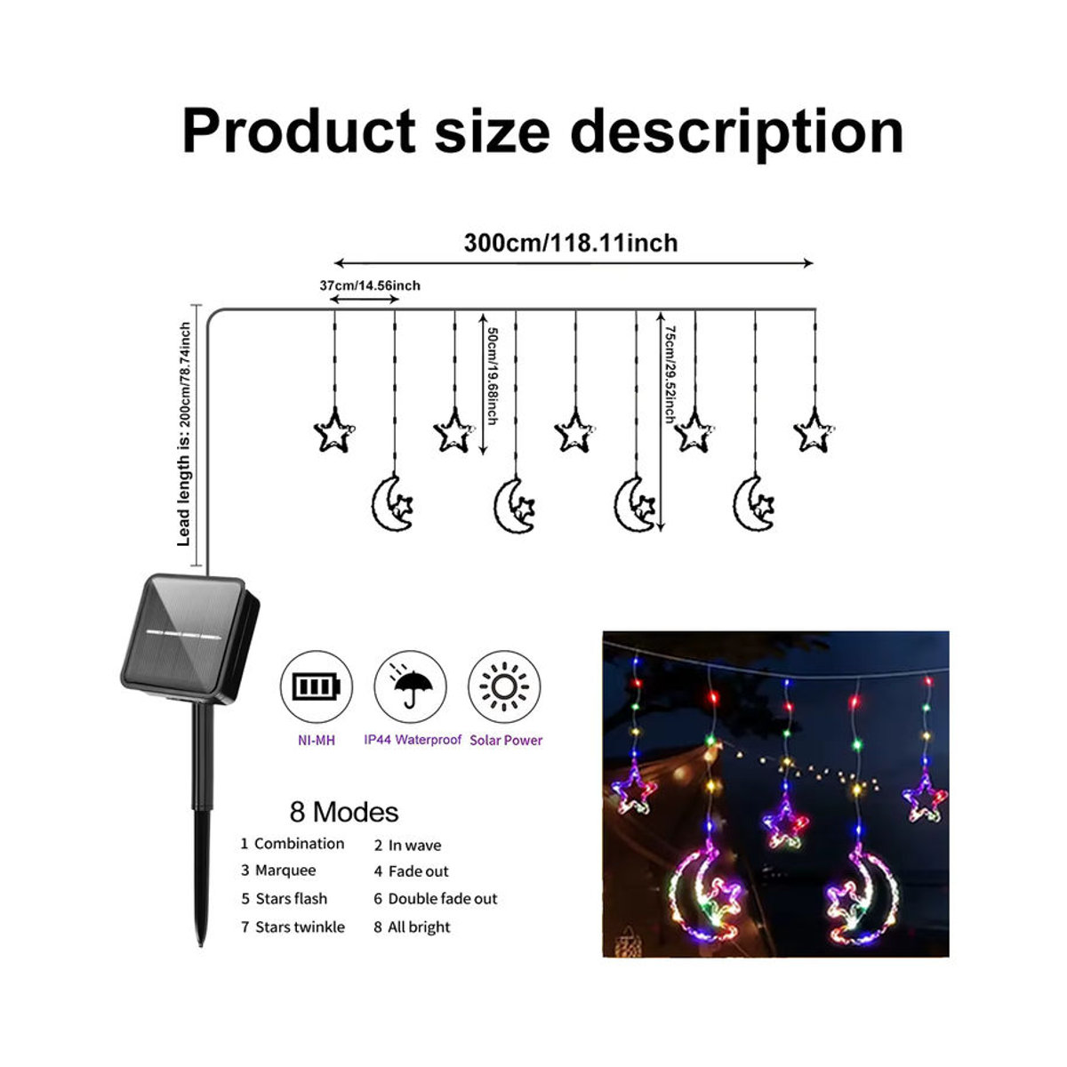 OSIDEN Solar Lichtkette mit 120 LED Stern und Mond aus Acryl in Bunt mit 8 Beleuchtungsmodi für Garten und Dekoration - Bild 5