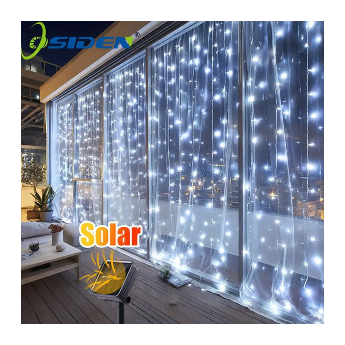 OSIDEN Solar-Vorhang-Lichterkette mit 100/200/300 LEDs und 8 Beleuchtungsmodi für Garten, Hochzeit und Weihnachten - Bild 1