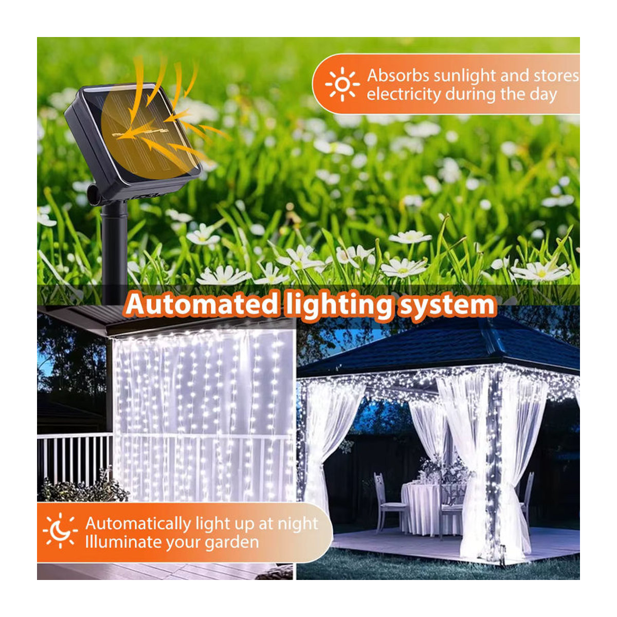 OSIDEN Solar-Vorhang-Lichterkette mit 100/200/300 LEDs und 8 Beleuchtungsmodi für Garten, Hochzeit und Weihnachten - Bild 2