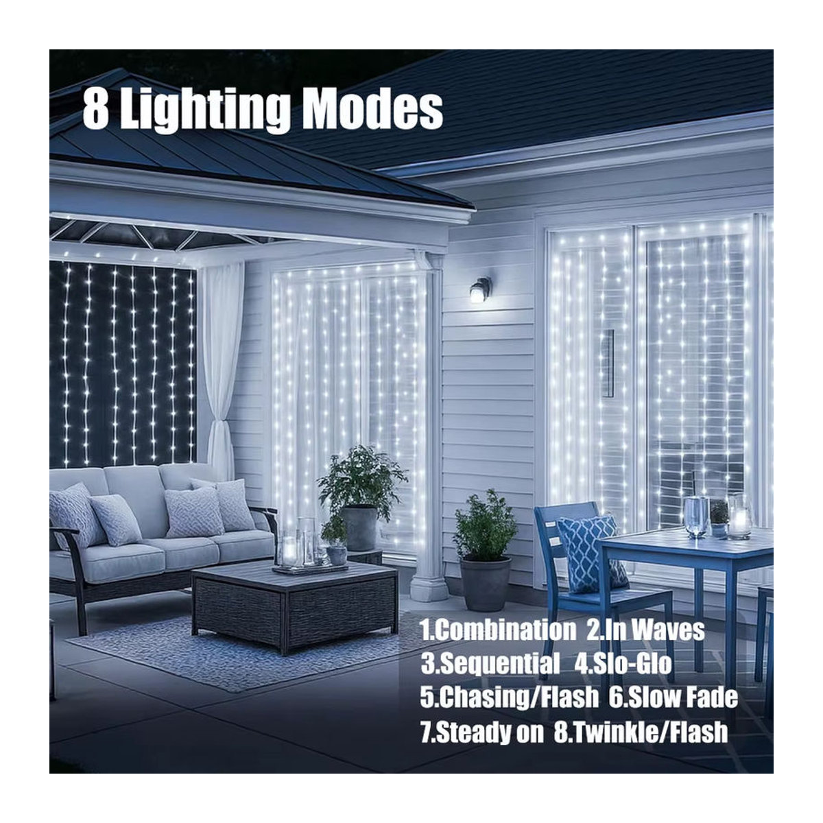 OSIDEN Solar-Vorhang-Lichterkette mit 100/200/300 LEDs und 8 Beleuchtungsmodi für Garten, Hochzeit und Weihnachten - Bild 4