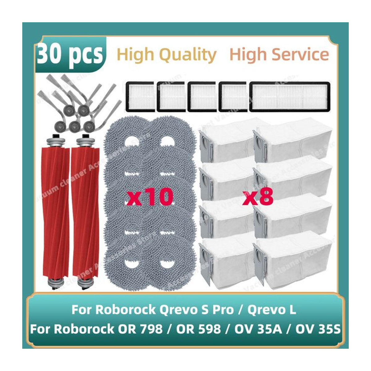OSSIEAO Ersatzteil-Set für Roborock Qrevo L, Qrevo S Pro, QR 798, QR 598, QV 35A und QV 35S mit Hauptbürste, Seitenbürste, Filtern, Wischtüchern und Staubbeuteln in Bunt - Bild 1