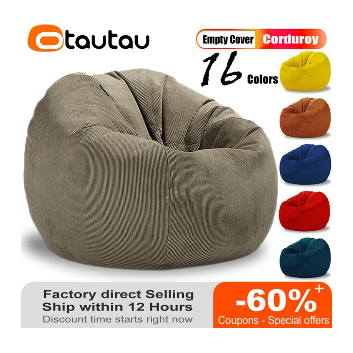 OTAUTAU Cord Sitzsack Abdeckung Grau ohne Füllung für Erwachsene und Kinder - Bild 1