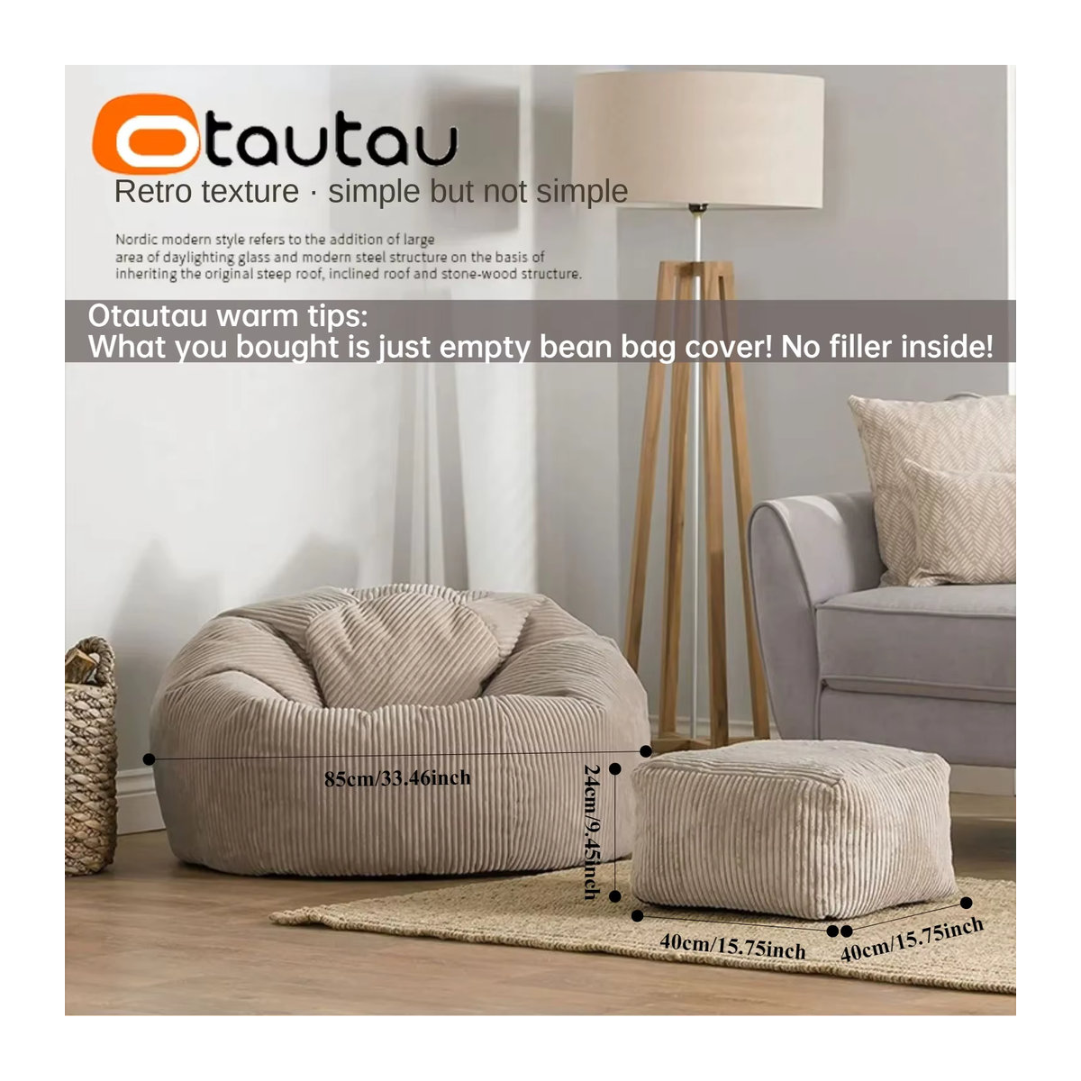 OTAUTAU Cord-Sitzsack-Hockerbezug ohne Füllung als Lazy Floor Sitzsack und Ottomane in Pink oder Beige - Bild 3
