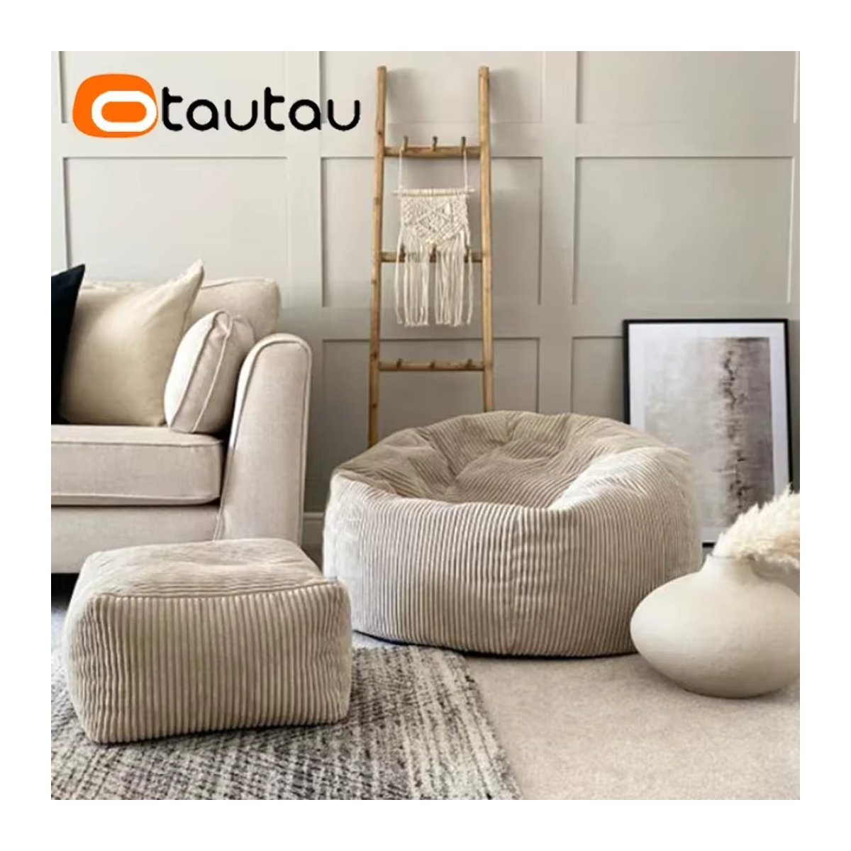 OTAUTAU Cord-Sitzsack-Hockerbezug ohne Füllung als Lazy Floor Sitzsack und Ottomane in Pink oder Beige - Bild 4
