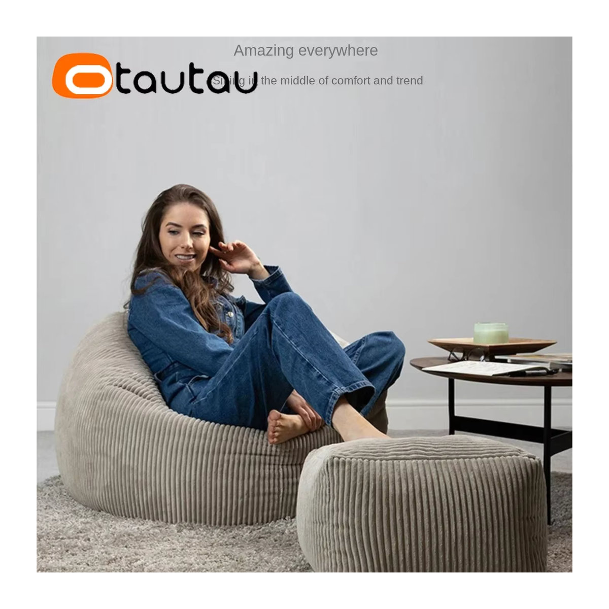 OTAUTAU Cord-Sitzsack-Hockerbezug ohne Füllung als Lazy Floor Sitzsack und Ottomane in Pink oder Beige - Bild 5
