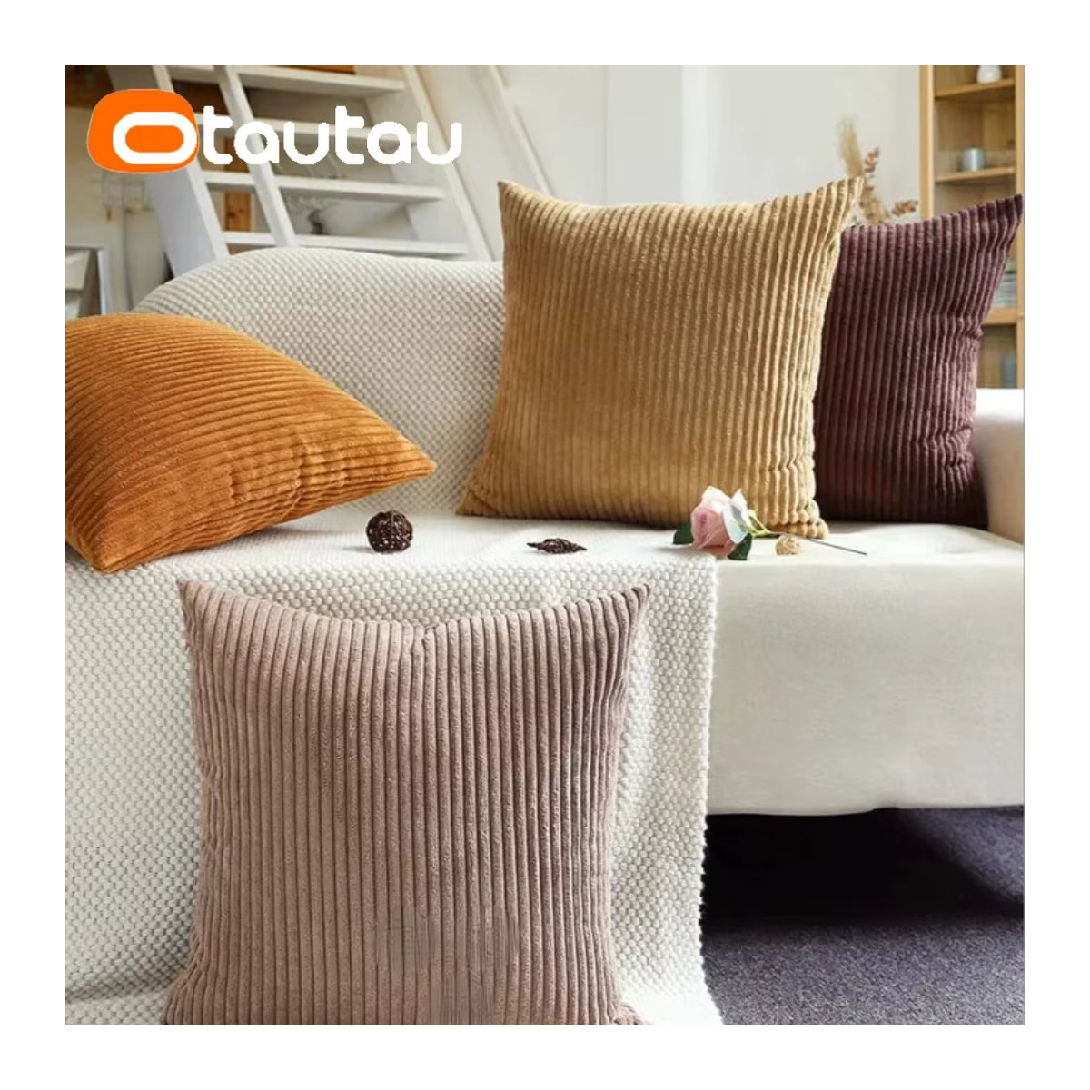 OTAUTAU Kissenbezug aus Baumwoll-Cord ohne Einsatz in Beige und Braun - Bild 3