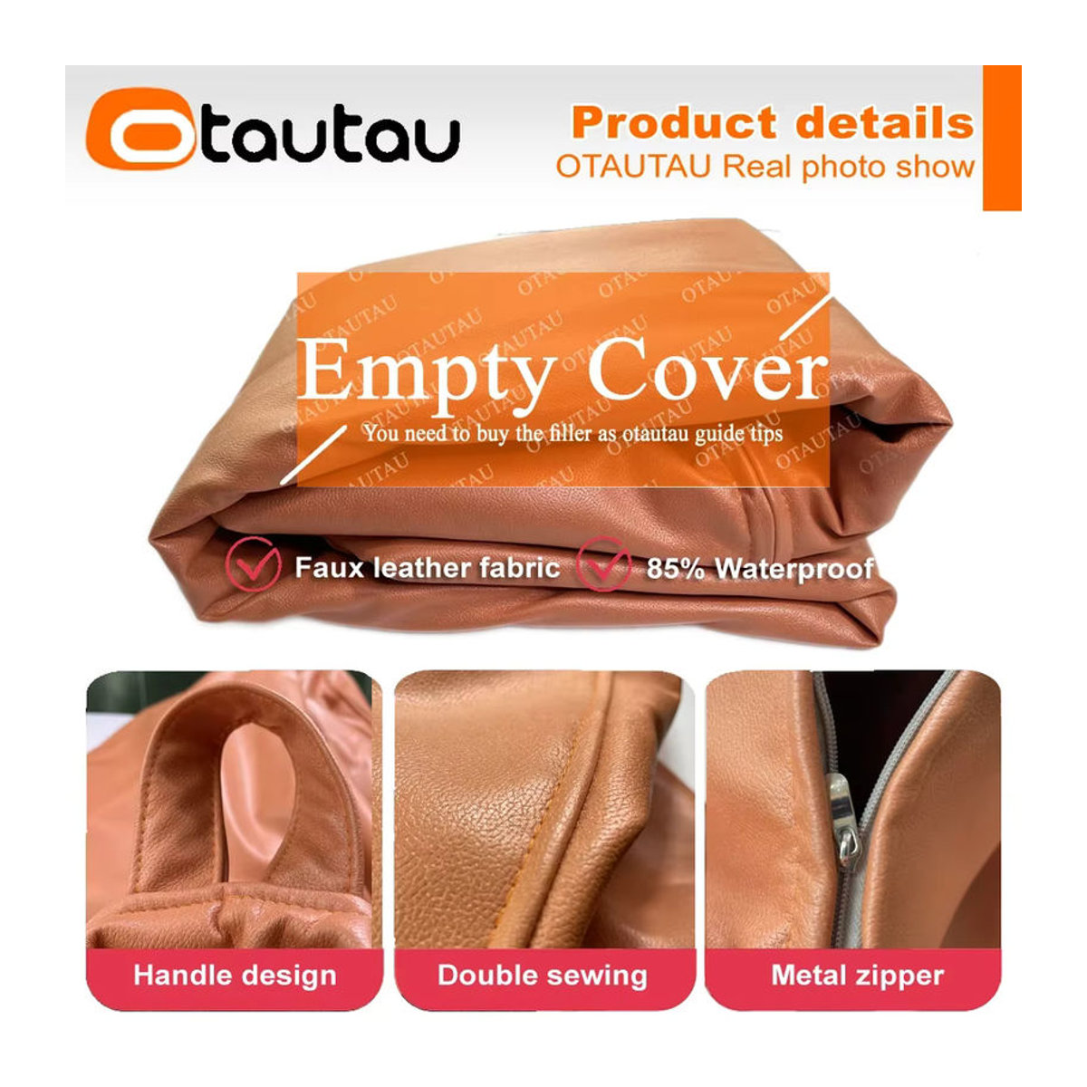 OTAUTAU Luxus Sitzsack Abdeckung aus wasserfestem Kunstleder für Outdoor und Indoor in Orange oder Braun - Bild 3