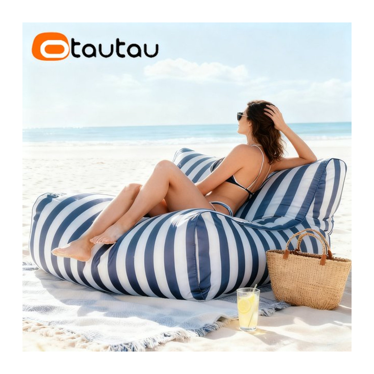 Otautau Outdoor Sitzsack Hocker mit Streifenmuster in Blau ohne Füllung - Bild 1