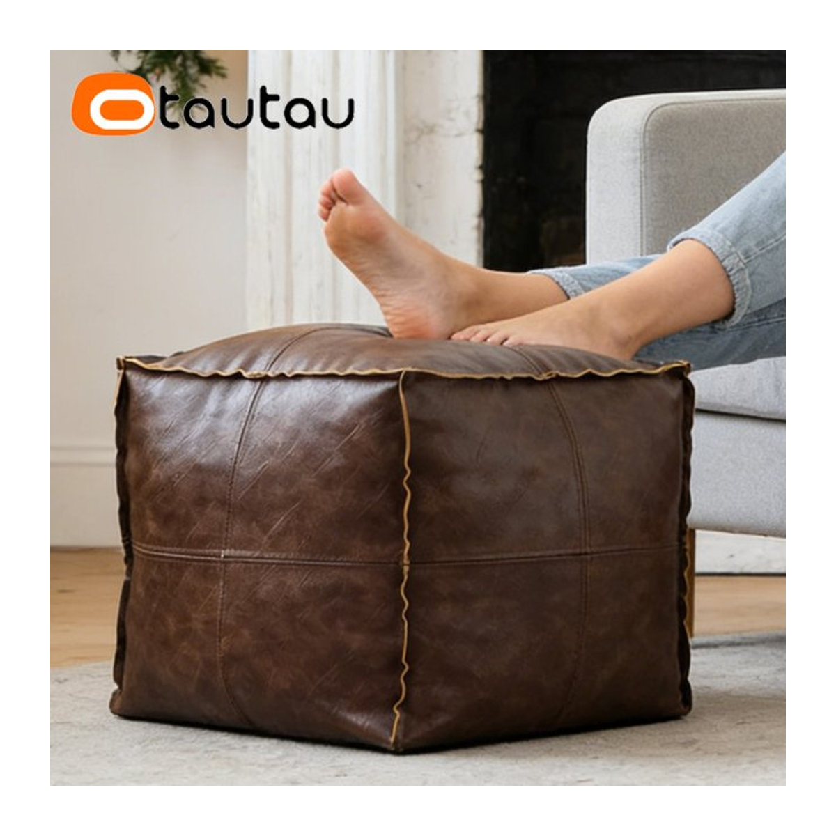 OTAUTAU Retro-Sitzsack aus Kunstleder als Polsterhocker und Ottomane mit Aufbewahrung in Beige und Braun (ohne Füllung) - Bild 1