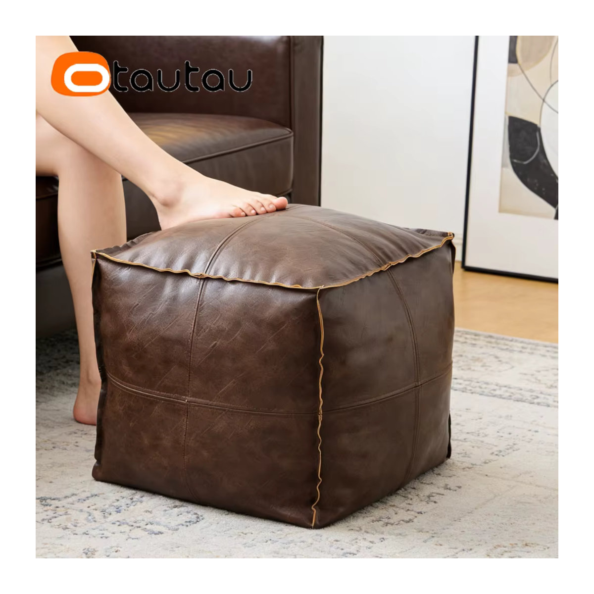 OTAUTAU Retro-Sitzsack aus Kunstleder als Polsterhocker und Ottomane mit Aufbewahrung in Beige und Braun (ohne Füllung) - Bild 4