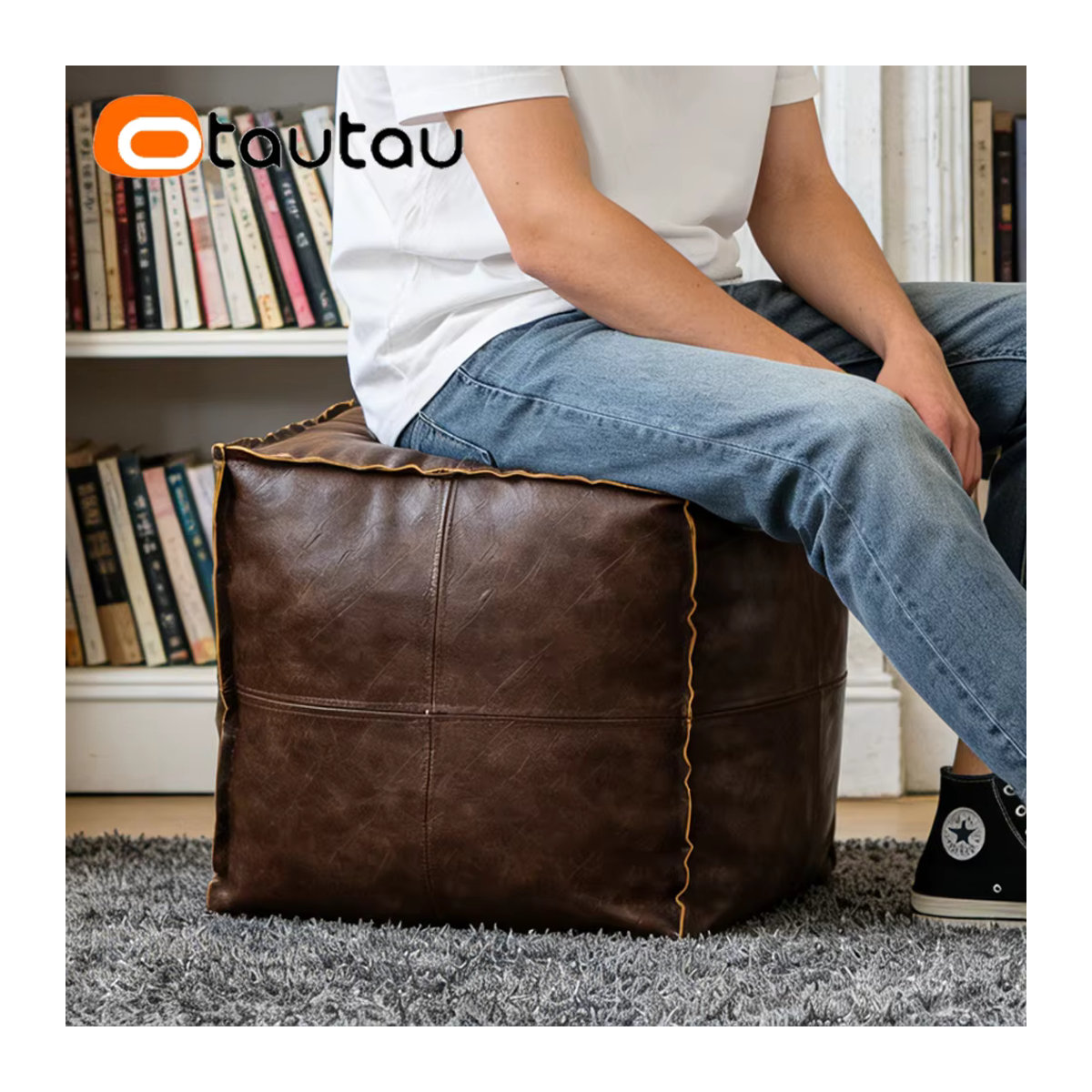 OTAUTAU Retro-Sitzsack aus Kunstleder als Polsterhocker und Ottomane mit Aufbewahrung in Beige und Braun (ohne Füllung) - Bild 5