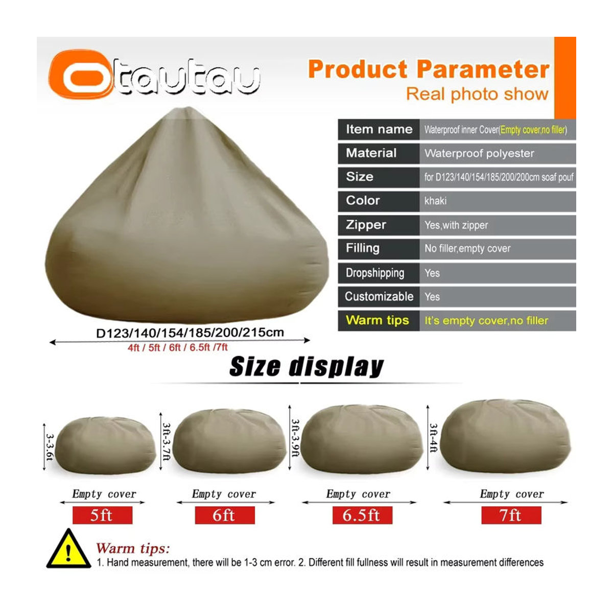 Otautau Riesen Outdoor Sitzsack Hocker Abdeckung ohne Füllung in Orange oder Beige, wasserdichte Liege für Garten, Strand und Pool - Bild 2