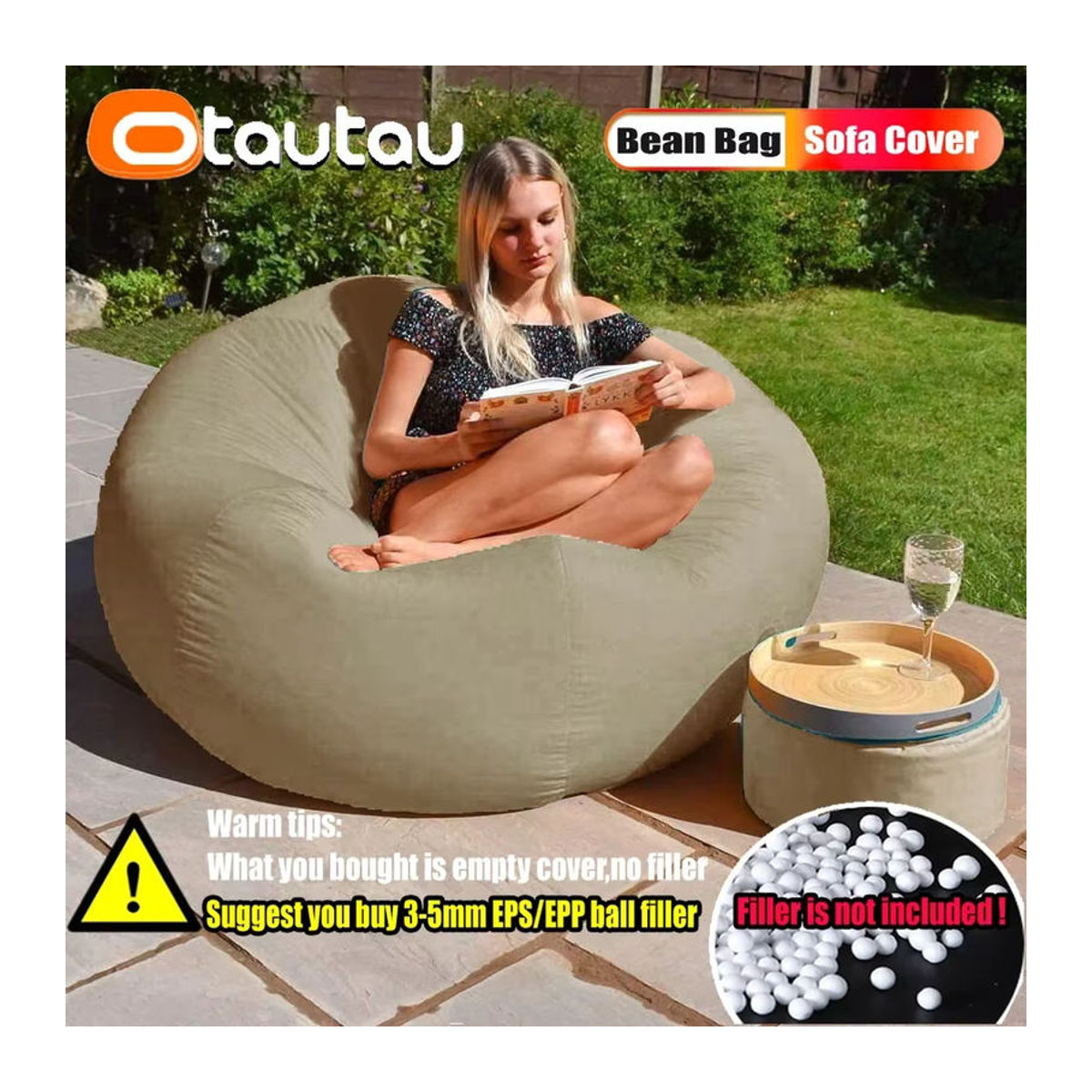 Otautau Riesen Outdoor Sitzsack Hocker Abdeckung ohne Füllung in Orange oder Beige, wasserdichte Liege für Garten, Strand und Pool - Bild 4