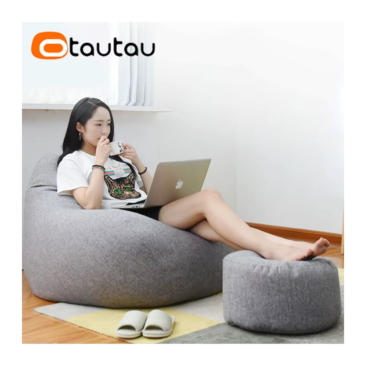 OTAUTAU Runder Hocker aus Leinen in Grau, Pouf und Ottomane mit Füllung, Durchmesser: 30 cm, Höhe: 20 cm - Bild 3