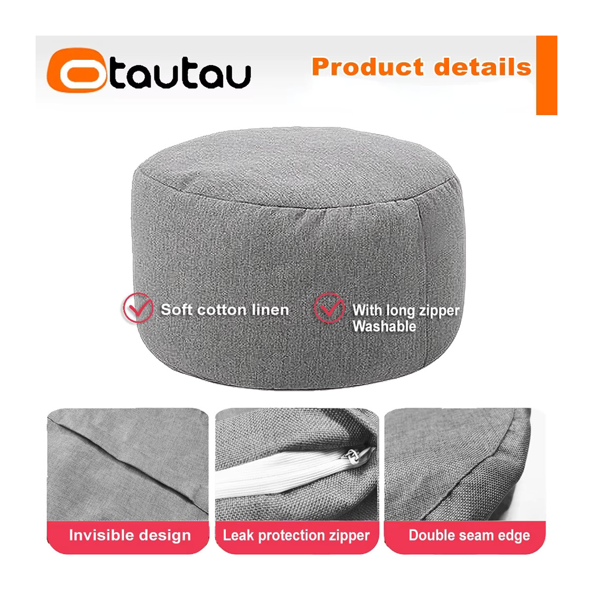 OTAUTAU Runder Hocker aus Leinen in Grau, Pouf und Ottomane mit Füllung, Durchmesser: 30 cm, Höhe: 20 cm - Bild 4