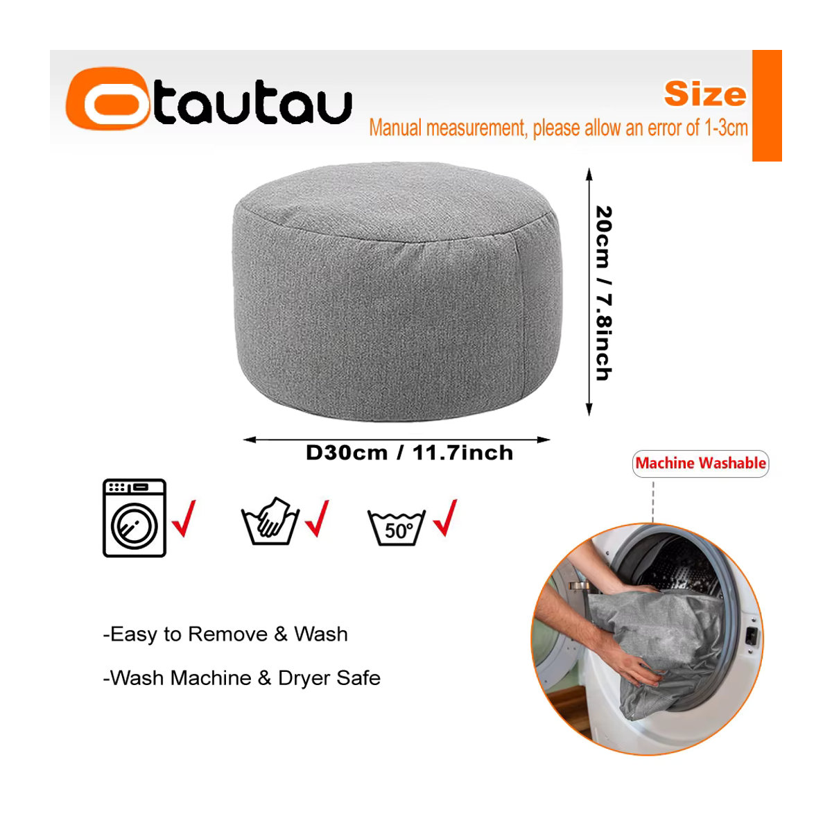 OTAUTAU Runder Hocker aus Leinen in Grau, Pouf und Ottomane mit Füllung, Durchmesser: 30 cm, Höhe: 20 cm - Bild 5