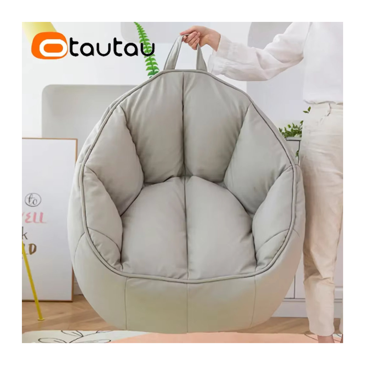 OTAUTAU Sitzsack Bezug aus Kunstleder für Erwachsene und Kinder, runder Pouf Stuhlbezug in Grün oder Grau, ohne Füllung, Modell SF039 - Bild 1