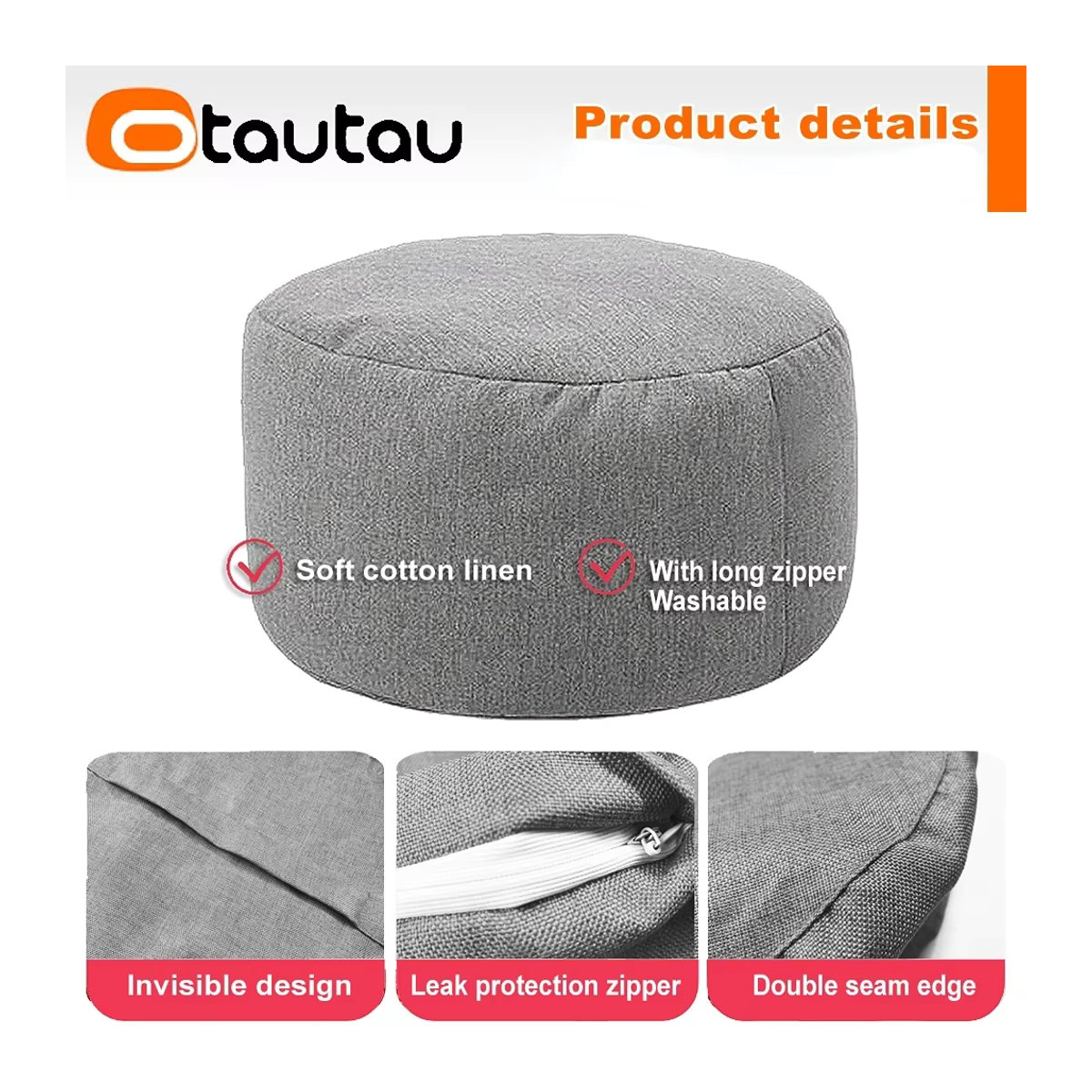 Otautau Sitzsack Pouf aus Baumwolle und Leinen in Rosa oder Grau, Durchmesser: 30 cm, Höhe: 20 cm - Bild 2