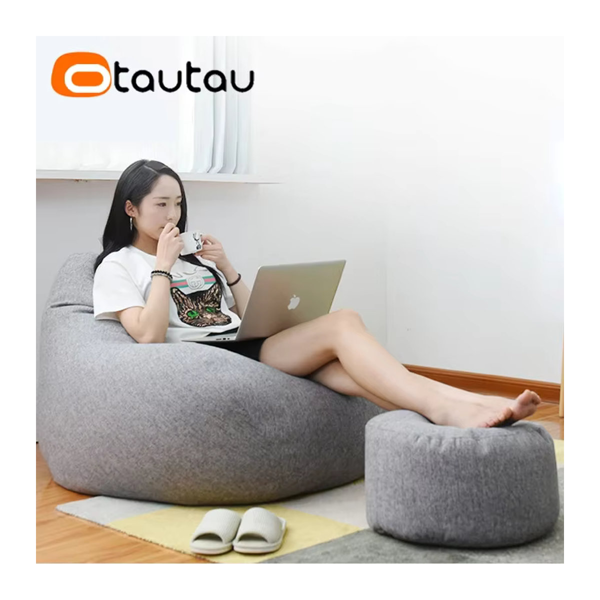 Otautau Sitzsack Pouf aus Baumwolle und Leinen in Rosa oder Grau, Durchmesser: 30 cm, Höhe: 20 cm - Bild 5
