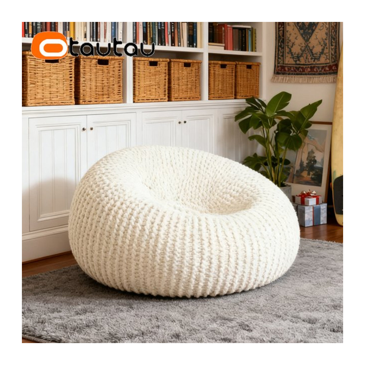 OTAUTAU Strick-Sitzsack-Hockerbezug für Kinder und Erwachsene, Ottomane und Futon, DD233, Grau und Weiß - Bild 1