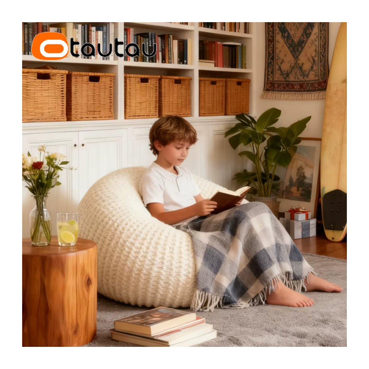 OTAUTAU Strick-Sitzsack-Hockerbezug für Kinder und Erwachsene, Ottomane und Futon, DD233, Grau und Weiß - Bild 3