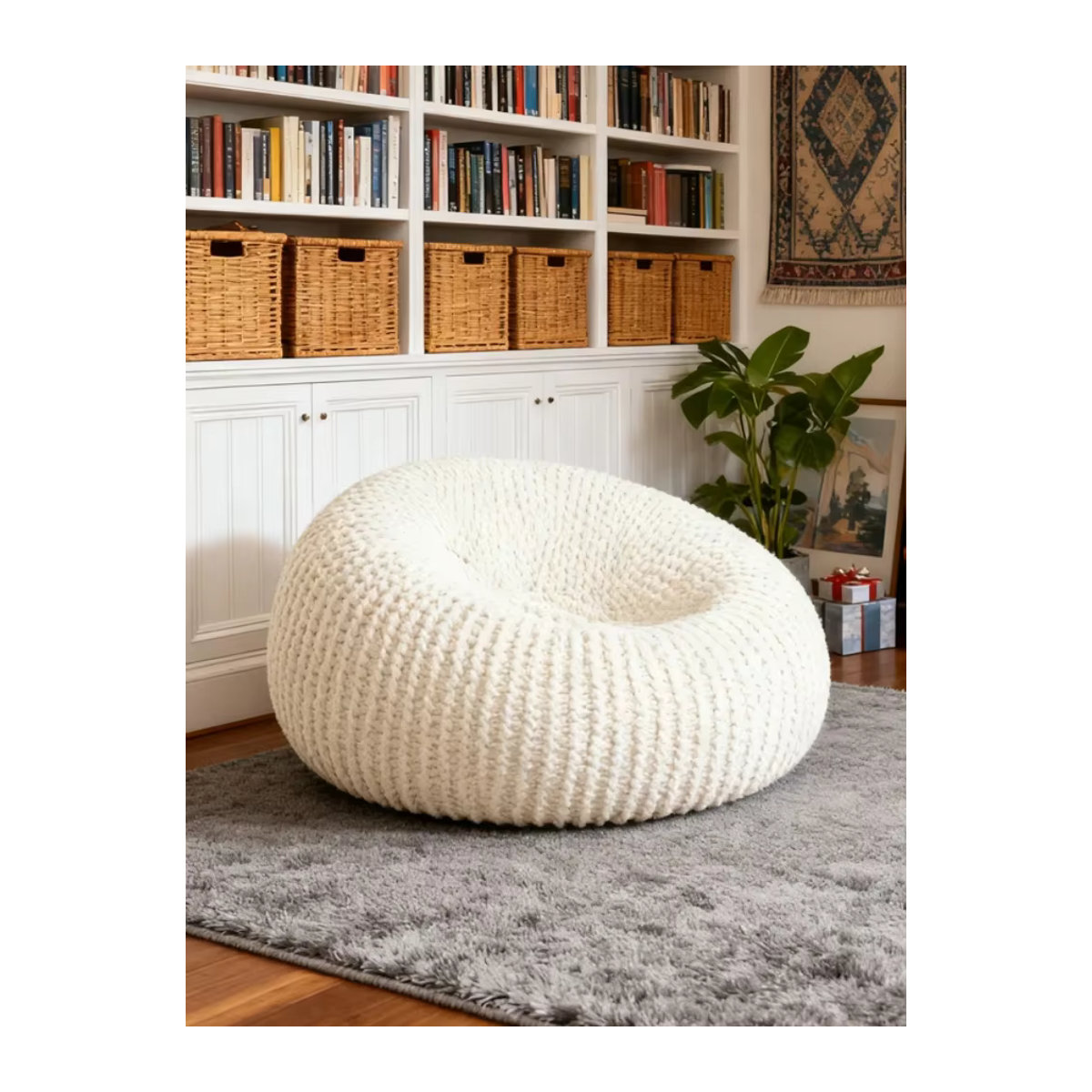 OTAUTAU Strick-Sitzsack-Hockerbezug für Kinder und Erwachsene, Ottomane und Futon, DD233, Grau und Weiß - Bild 7