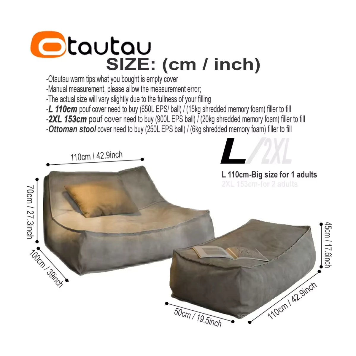 Otautau Wasserdichte Wildleder Chaiselongue Hocker Abdeckung für Outdoor Sitzsack und Ottomane in Grau - Bild 6