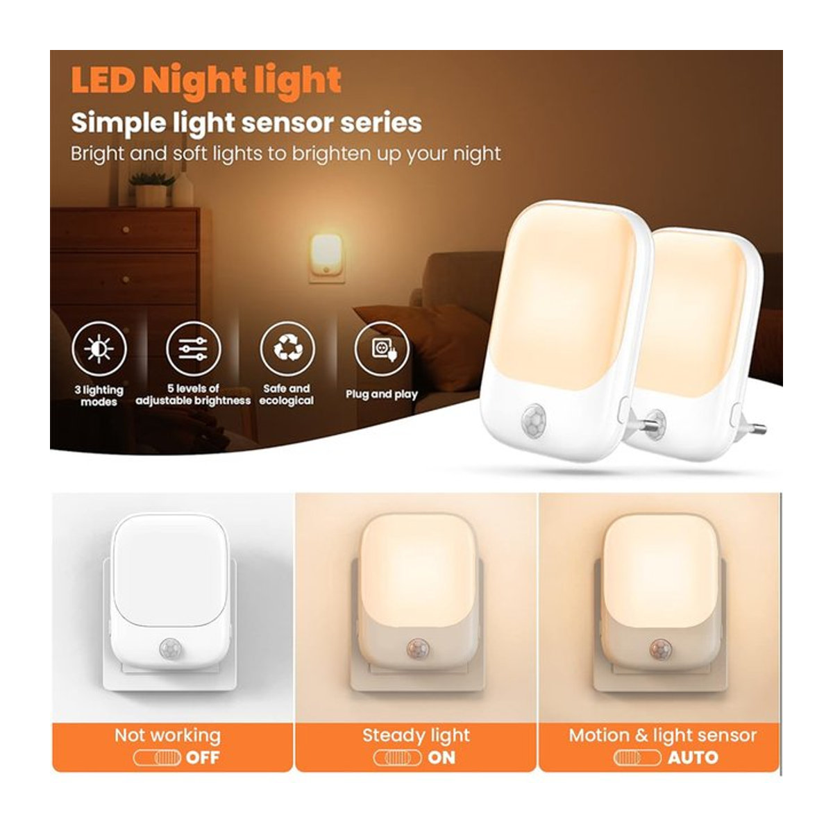 Ouelico Smart LED Nachtlicht mit Sensor in Weiß, einstellbare Helligkeit, minimalistisches Design für Schlafzimmer, Bad, Flur und Treppe - Bild 1