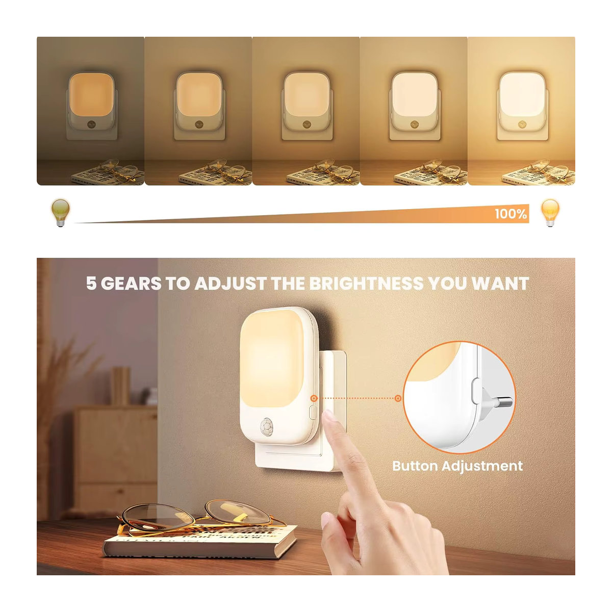 Ouelico Smart LED Nachtlicht mit Sensor in Weiß, einstellbare Helligkeit, minimalistisches Design für Schlafzimmer, Bad, Flur und Treppe - Bild 5