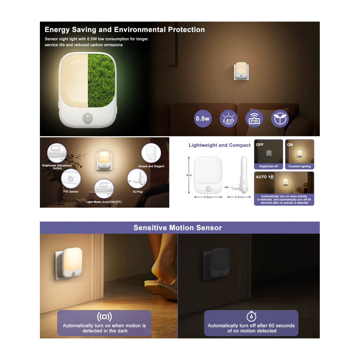 Ouelico Smart LED Nachtlicht mit Sensor in Weiß, einstellbare Helligkeit, minimalistisches Design für Schlafzimmer, Bad, Flur und Treppe - Bild 6