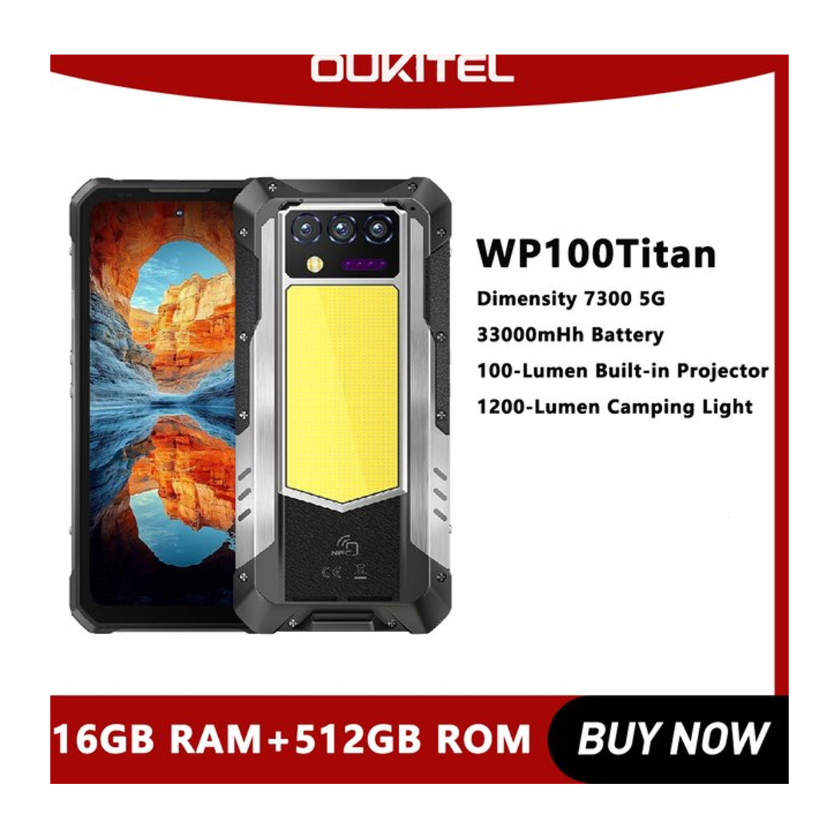 Oukitel WP100 TITAN Robustes Smartphone mit integriertem Projektor, 33.000 mAh Akku, 5G, 1200 Lumen Campinglicht und 200 MP Kamera mit NFC - Bild 1