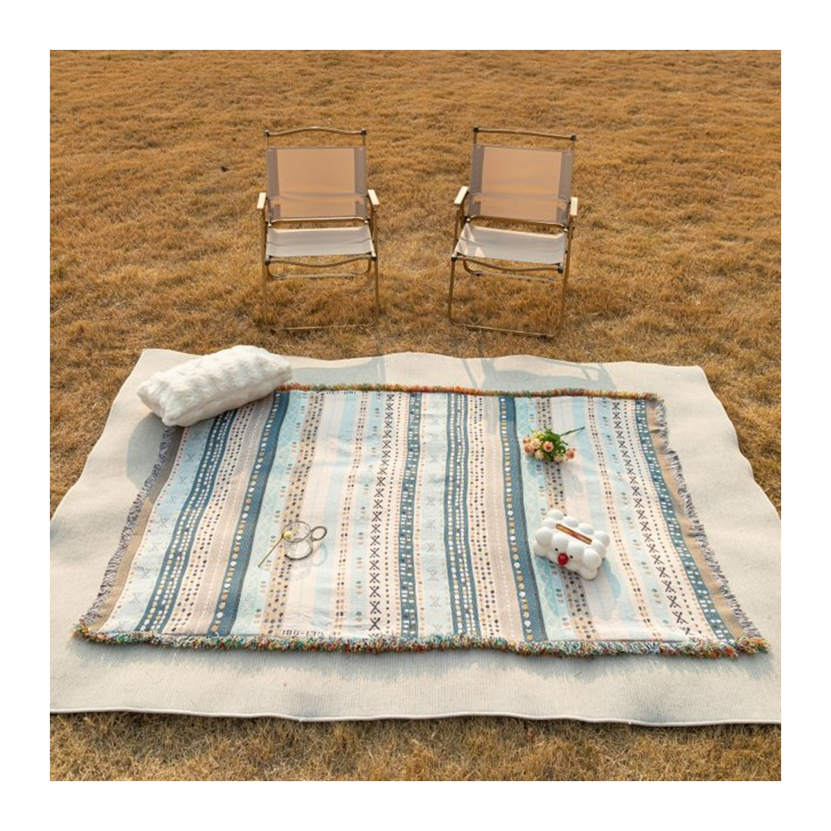 Outdoor Camping Picknick Matte aus Leinen mit Quaste in Blau Bunt, B/B: 130 x 180 cm - Bild 1