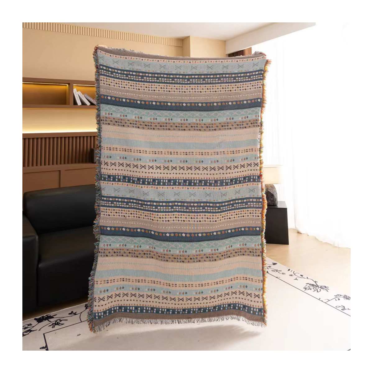 Outdoor Camping Picknick Matte aus Leinen mit Quaste in Blau Bunt, B/B: 130 x 180 cm - Bild 2