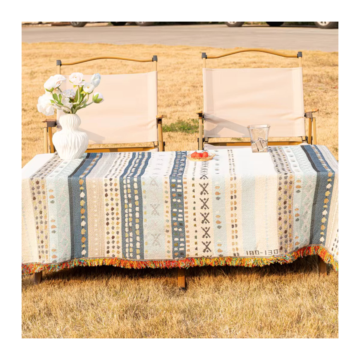Outdoor Camping Picknick Matte aus Leinen mit Quaste in Blau Bunt, B/B: 130 x 180 cm - Bild 3