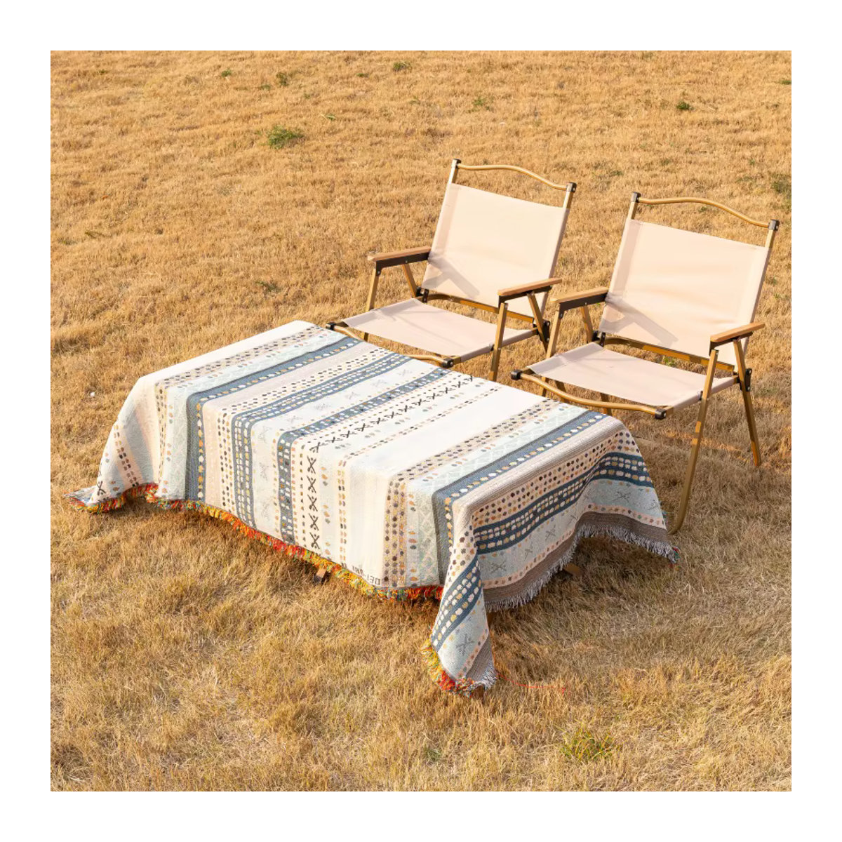 Outdoor Camping Picknick Matte aus Leinen mit Quaste in Blau Bunt, B/B: 130 x 180 cm - Bild 4