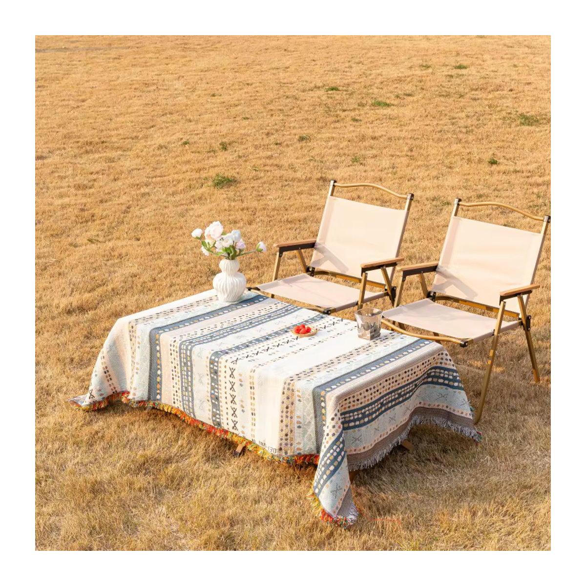 Outdoor Camping Picknick Matte aus Leinen mit Quaste in Blau Bunt, B/B: 130 x 180 cm - Bild 6