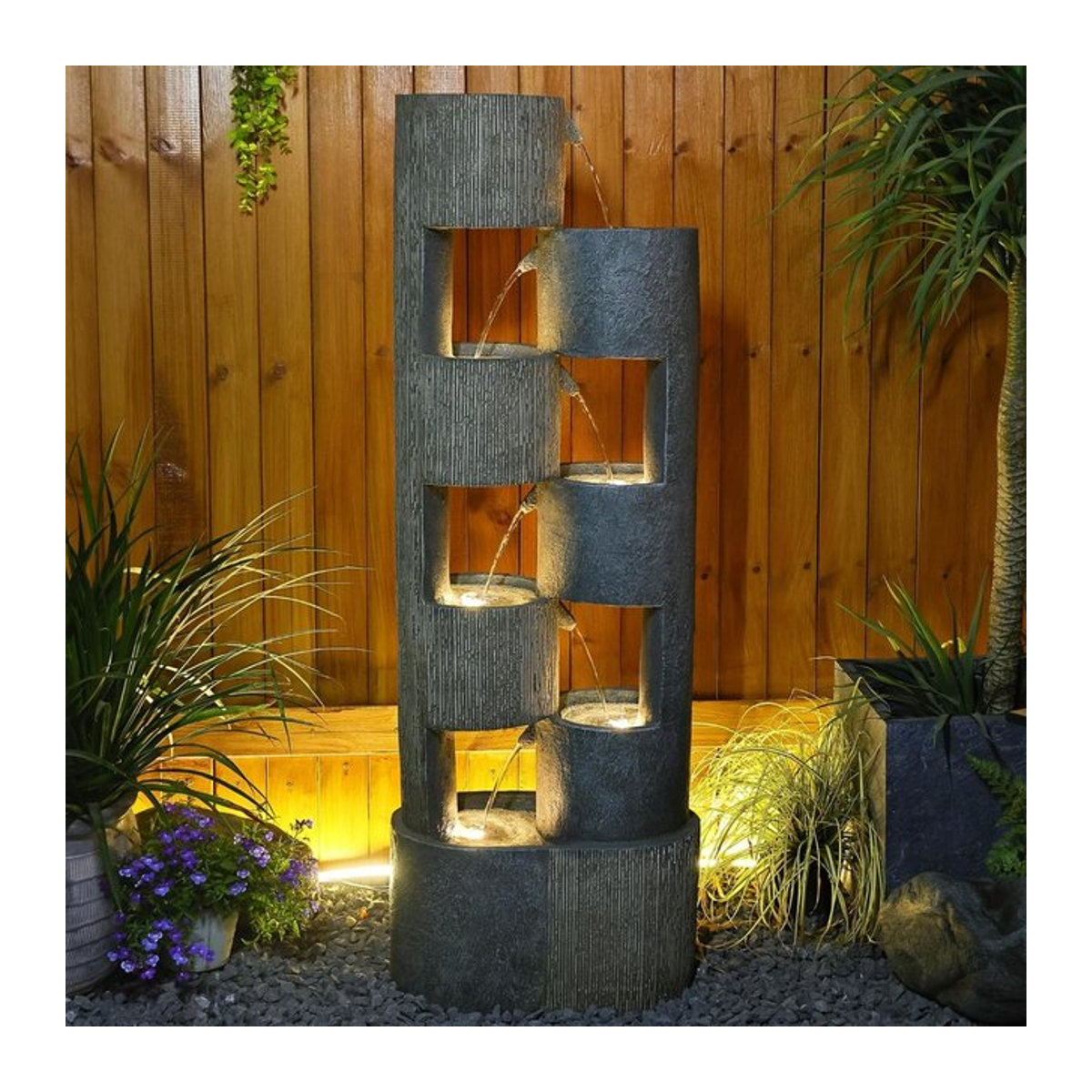 Outdoor-Springbrunnen mit unregelmäßigen Zylindern und Wasserfall-Effekt in Anthrazit aus Naturstein mit LED-Beleuchtung und Pumpe, 51 Zoll - Bild 1
