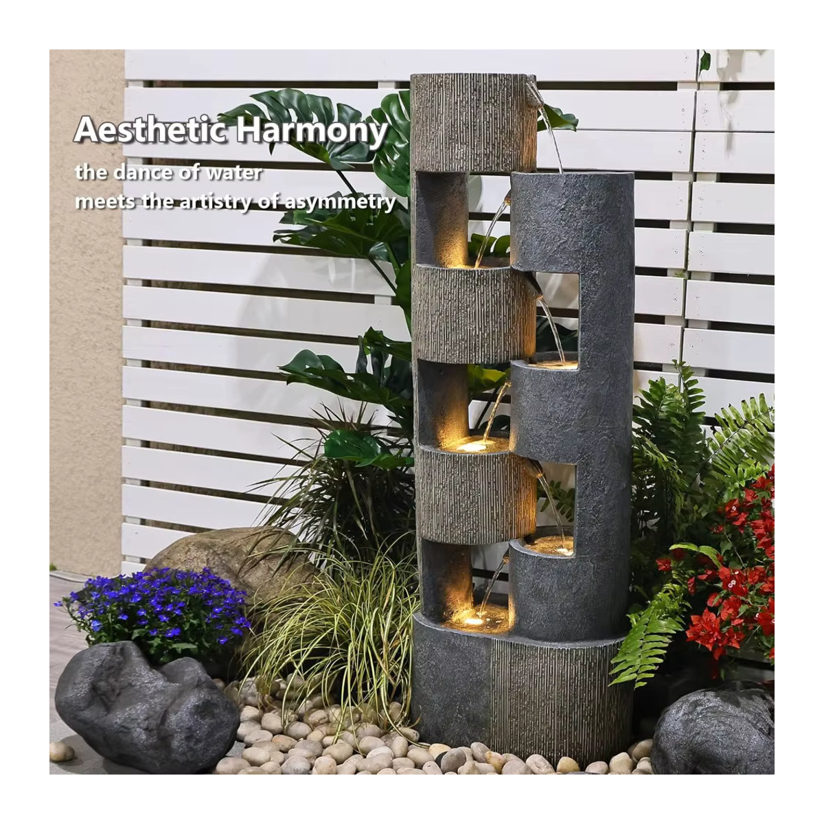 Outdoor-Springbrunnen mit unregelmäßigen Zylindern und Wasserfall-Effekt in Anthrazit aus Naturstein mit LED-Beleuchtung und Pumpe, 51 Zoll - Bild 3