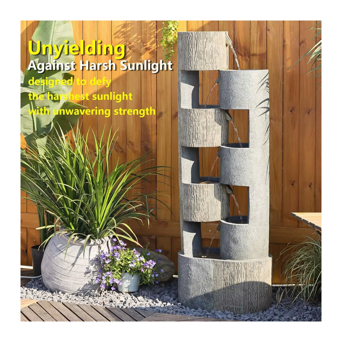 Outdoor-Springbrunnen mit unregelmäßigen Zylindern und Wasserfall-Effekt in Anthrazit aus Naturstein mit LED-Beleuchtung und Pumpe, 51 Zoll - Bild 5
