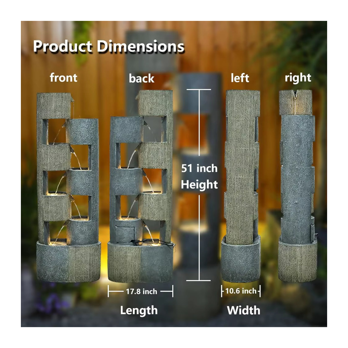Outdoor-Springbrunnen mit unregelmäßigen Zylindern und Wasserfall-Effekt in Anthrazit aus Naturstein mit LED-Beleuchtung und Pumpe, 51 Zoll - Bild 6