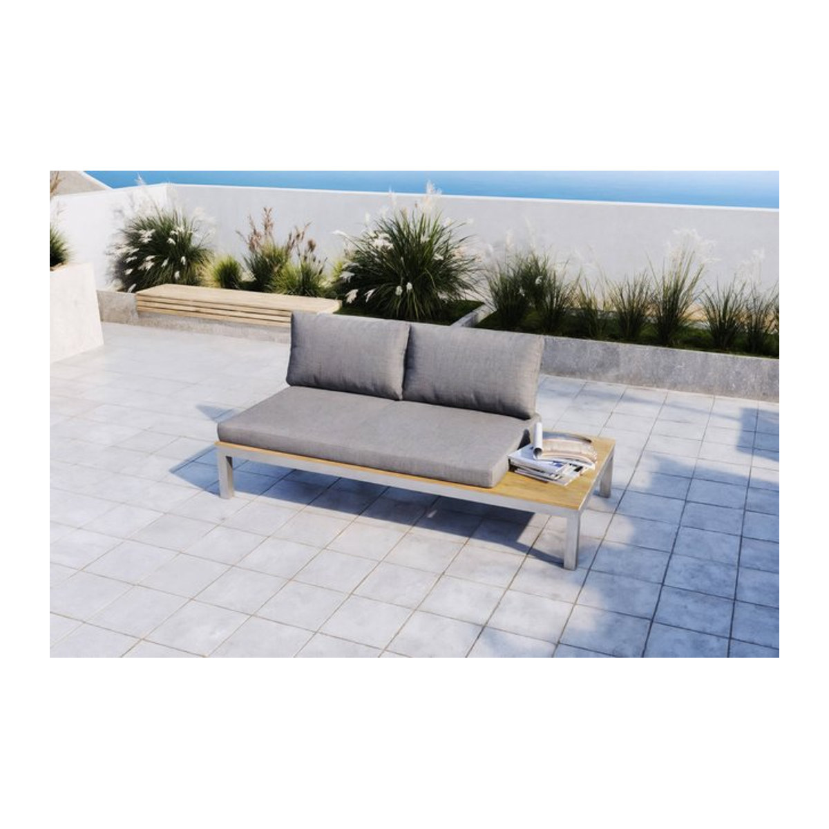 OUTFLEXX 2-Sitzer Sofa in Silber/Grau aus Edelstahl, Teakholz und Olefin-Stoff, B/T/H: 168 x 79 x 64 cm - Bild 1