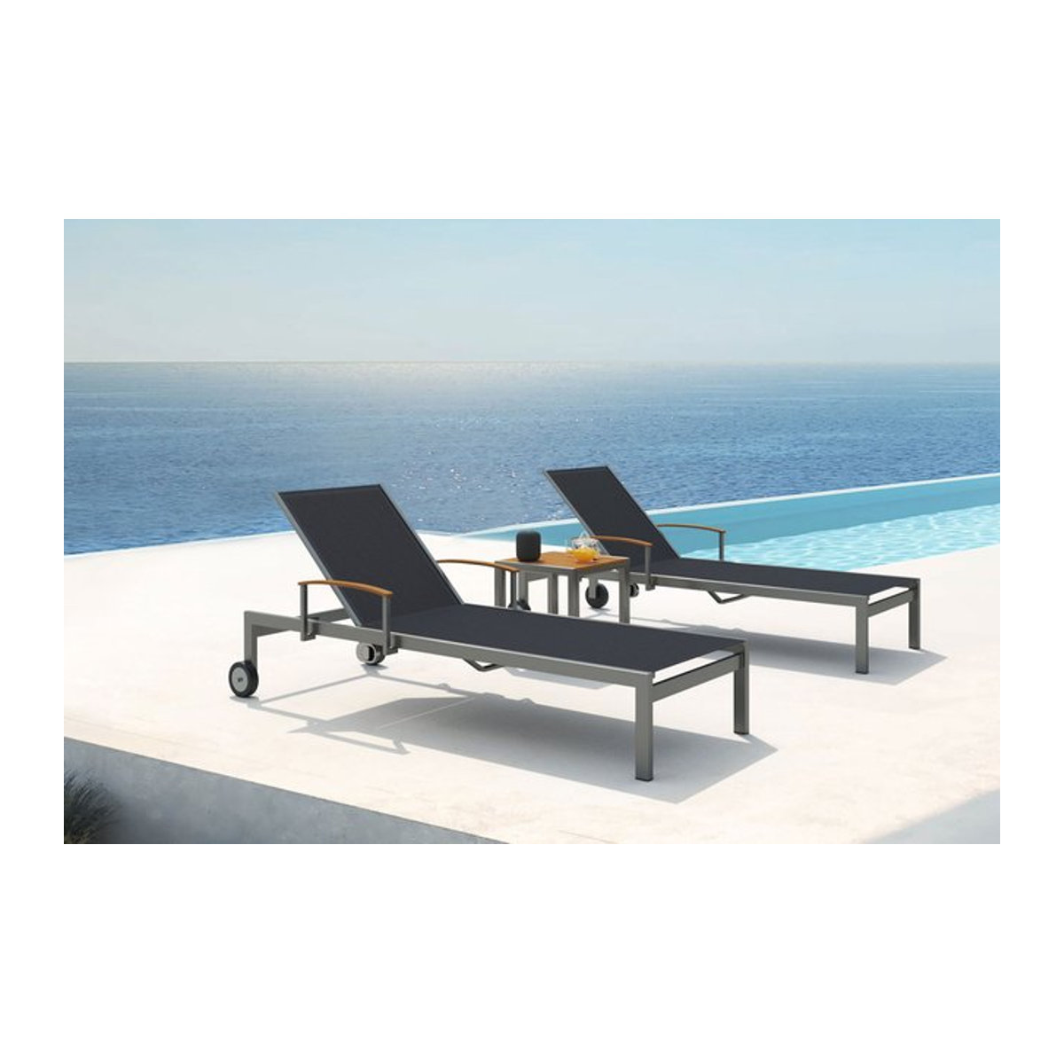 OUTFLEXX 2er-Set Sonnenliegen mit Beistelltisch, Schwarz, Edelstahl und Teak, B/T/H: 195,5 x 74 x 35 cm, Beistelltisch: 45 x 45 cm - Bild 1